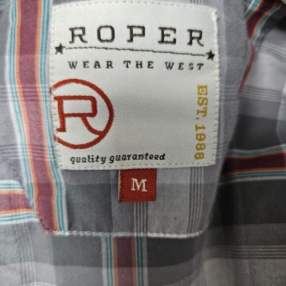 Roper Shirt Men's Medium Plaid Gray White Red Long Sleeve Western Flap Pockets - Picture 2 of 9